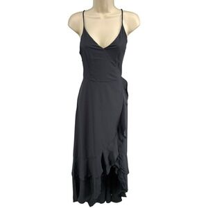 HALARA Black Spaghetti Strap Wrap Ruffle Midi Dress Womens S